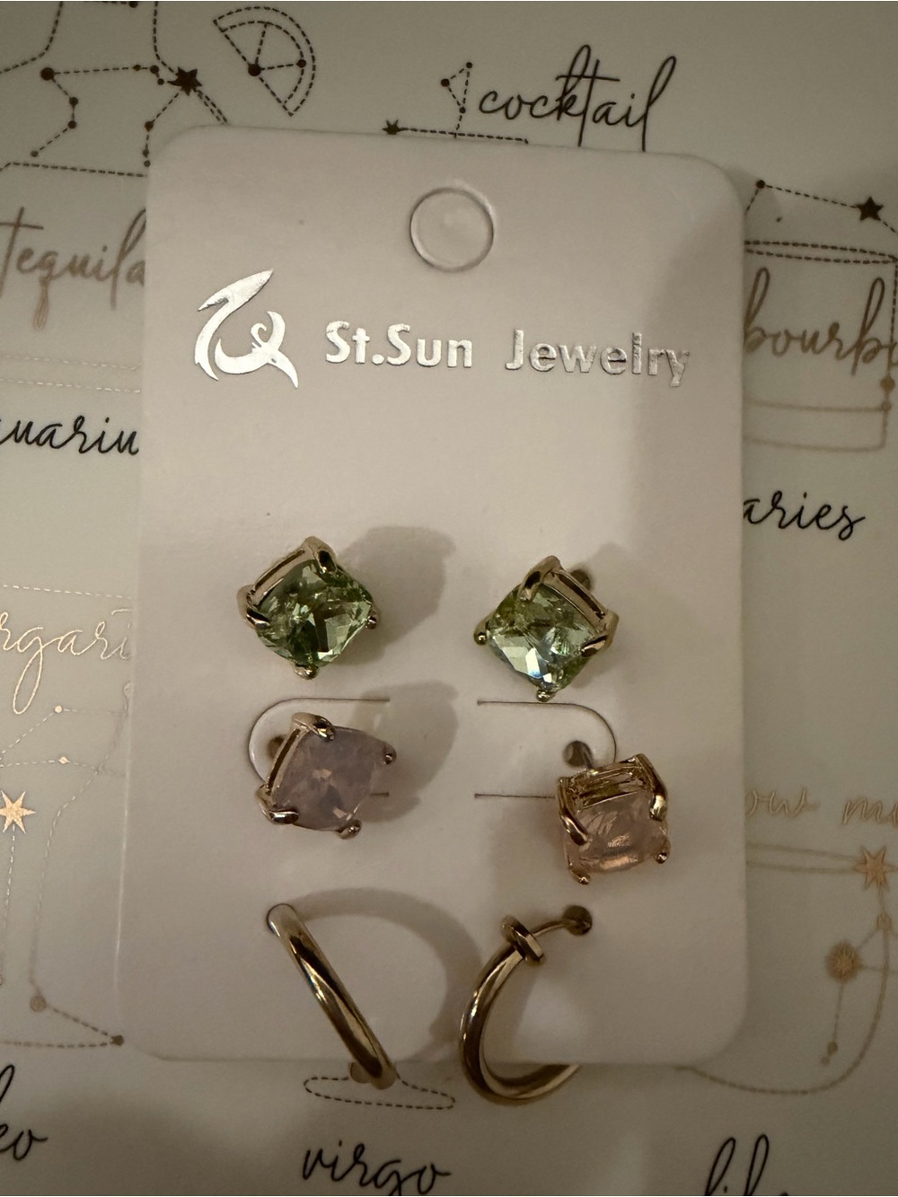 NEW Set of 3 pair dainty Stud & Hoop Earrings - Green and Pale Pink/Lavender